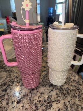 Rhinestone Embellished Pink & Pearl White Tumblers with Handles